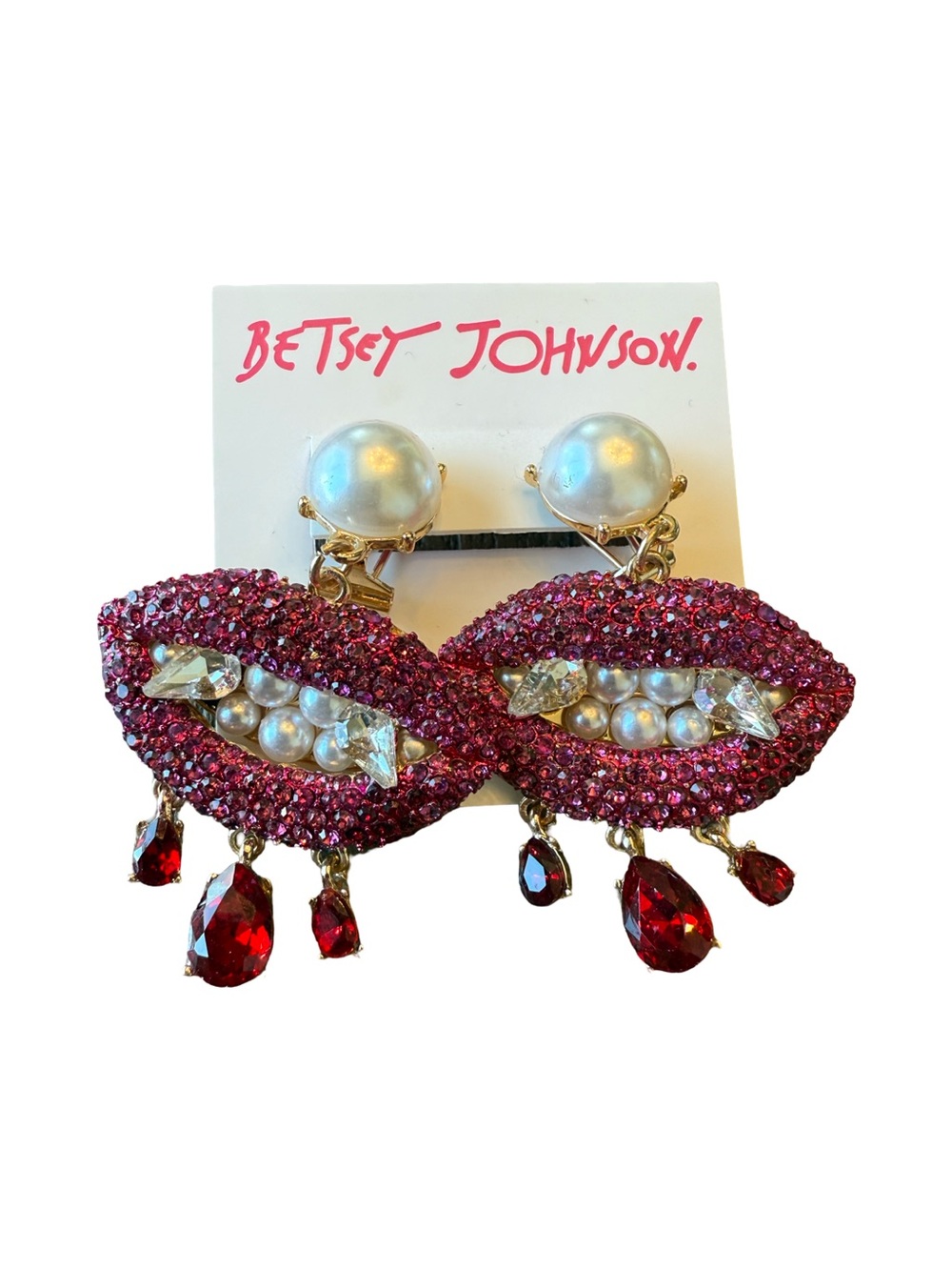 Betsey Johnson Pink Crystal Lips Earrings Pearl Rhinestone Statement NWT $68